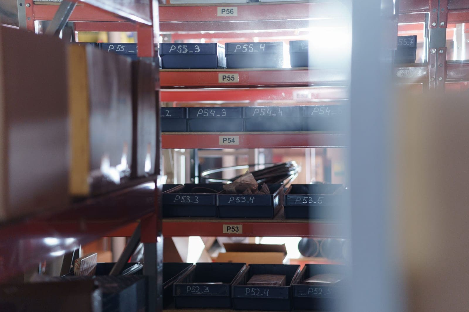 Labeled boxes lined up on storage shelving