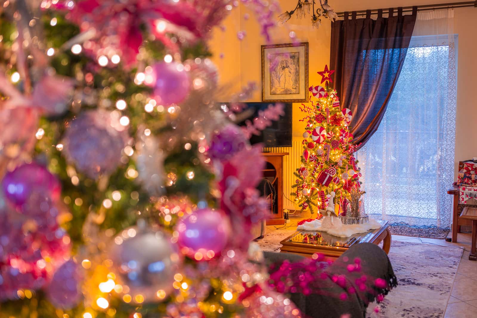 A decorated christmas tree in a living room at night